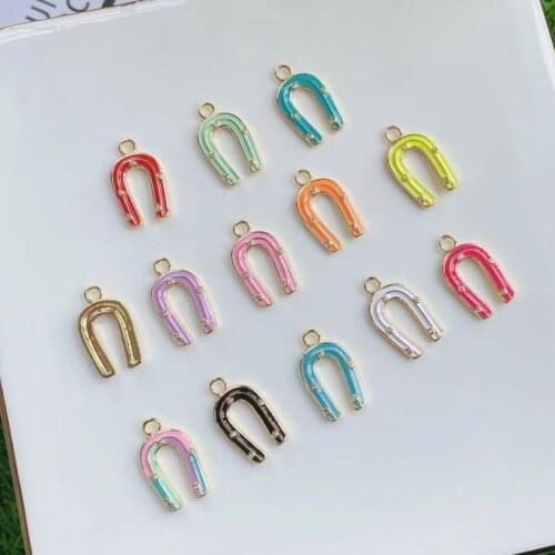 10Pcs,Trendy Colorful Enamel Letter Zircon Horseshoe U shapeed Charm Pendant Findings For Necklace Jewelry Making