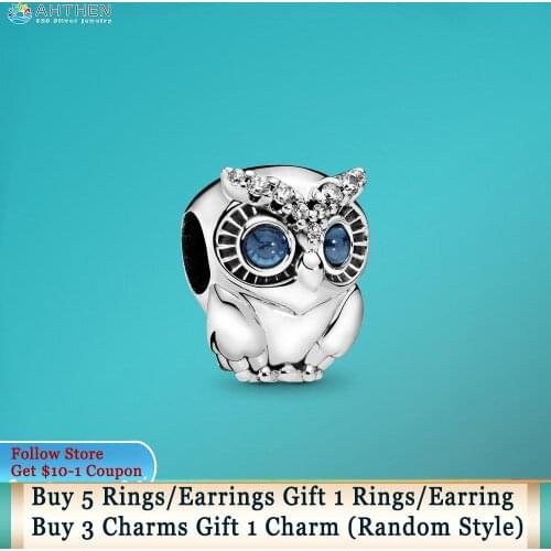 Ahthen 925 Sterling Silver Beads Cute Sparkling Owl Charms fit Original Pandora Bracelets for Women Jewelry Making Girl Gift