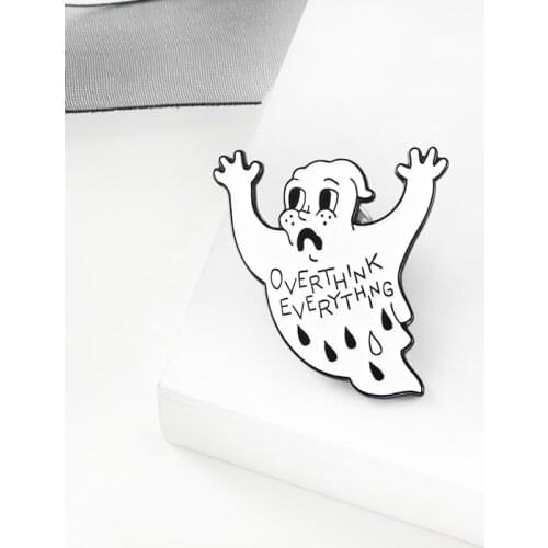 White ghost Enamel Brooch"Overthnk everything"ghost raising hand Pins Lapel Denim bag badge Halloween Jewellery gifts for Kids