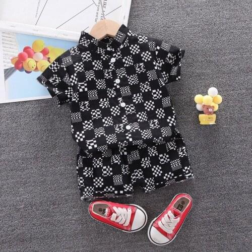 Black Checkered Boys Sets Summer Cool Fabric Soft Toddler Kids Shirt and Shorts Kits Casual Beach Vacation Childrens Clothes