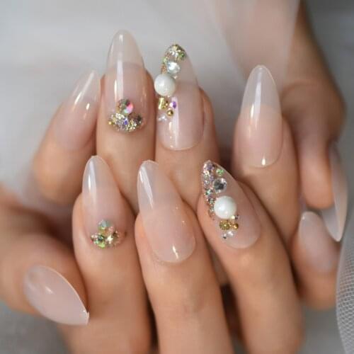 Long 3D Shiny Diamond Holo Sequins French Almond False Fake Nails Jelly Nude Pink Press on Party Finger Wear UV Full Cover Nails