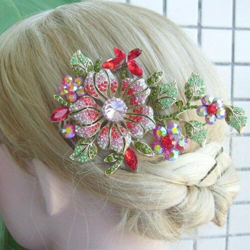 HelenaJewelry Hair Jewelry 4.72 Inch Gold-tone Multicolor Rhinestone Crystal Orchid Flower Hair Comb FSE04712C3