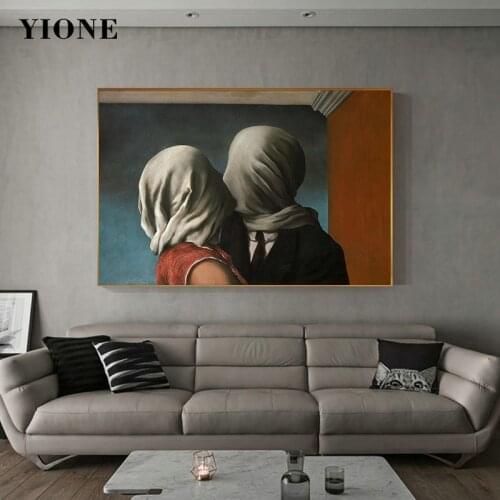 The Lover Kiss Famous Oil Painting Custom Surrealist Figure Masked Man Woman Canvas Art Prints Wall Poster Picture for Interior