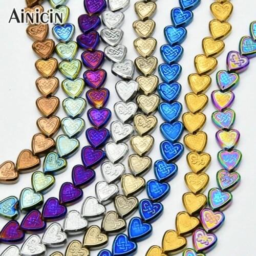 Chinese Knot On 8x8mm Heart Beads For Fashion Jewelry Making Findings Rainbow Gold Silver Green Plating Hematite Beads 5pcs/lot