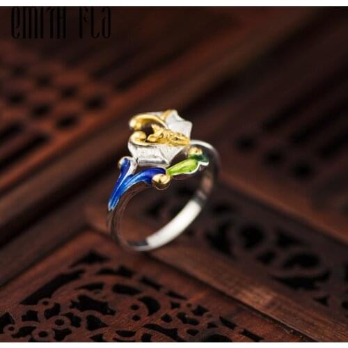 Genuine 100% 925 Sterling Silver Chinese Style Cloisonne Bat Rings Female Vintage Open Rings Fashion Jewelry For Women