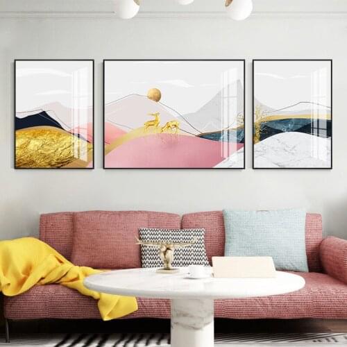 3pcs Traditional Chinese Mountain Picture Abstract Deer Landscape Painting Wall Art Pink Canvas Poster for Living Room Home Deco