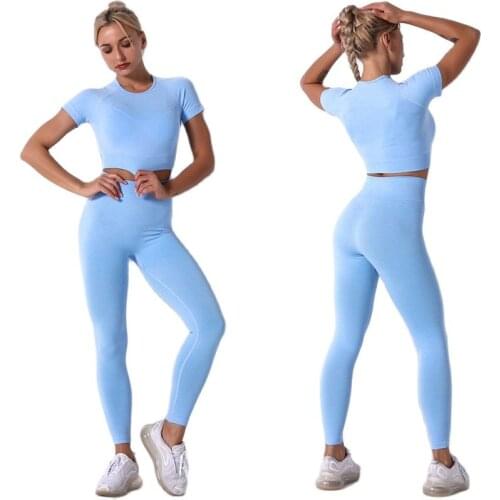 Women Seamless Yoga Set Fitness Suit SportsWear Solid Gym Clothing Sleeveless Crop Tops Tights High Waist Leggings Workout Pants