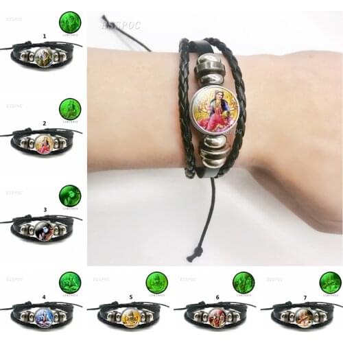 Krishna and Radha Amulet Luminous Bracelet Glass Dome Bangle Lucky Jewelry Multi-Layer Weave Rope Leather Bracelet Yoga Jewelry
