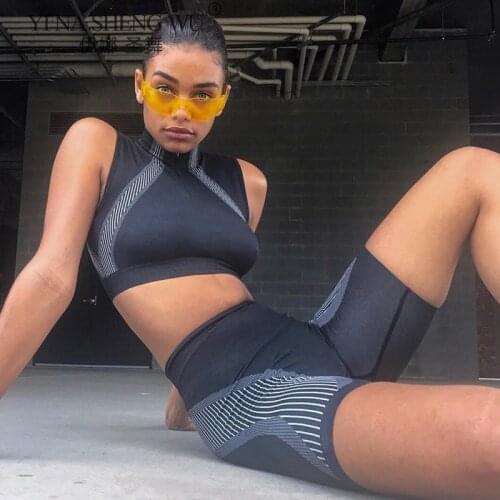 Summer Fitness Yoga Suit 2 Piece Workout Yoga Set Quick Dry Fit Gym Sportswear Woman Print Shorts Kit Jogging Sport Femme Black