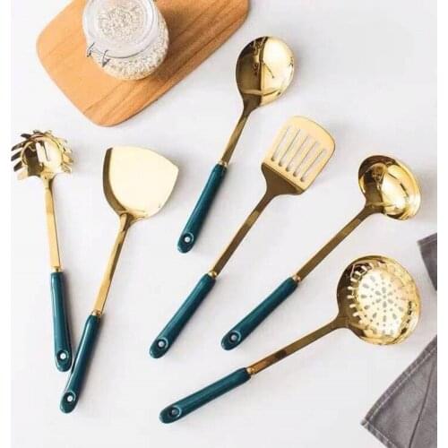 Multifunction Kitchen Tools 7PCS/Set With Holder Ceramics Handle Stainless Steel Soup Ladle Spatula Cooking Utensils Set