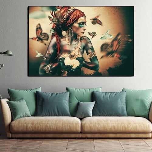 Nordic Butterfly Priestess Women Portrait Canvas Painting Posters Prints Wall Art Picture for Living Room Home Decor Cuadros