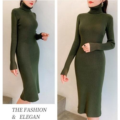 2020 New Fashion Women Sexy Party Dress Knit style Long Sleeve Turtleneck Winter Dress Slim Work Wear Office Dress Vestidos