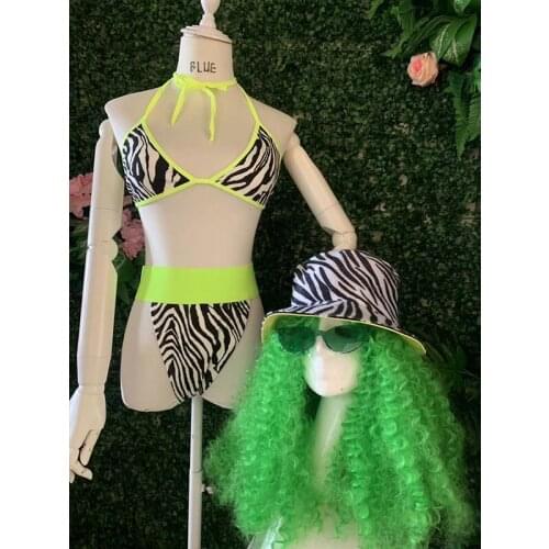 New Bar Pub Female DJ Stage Outfit Zebra Print Bikini Wig Hat Festival Clothing Rave Gogo Costume Hawaiian Beach Bikini 2062