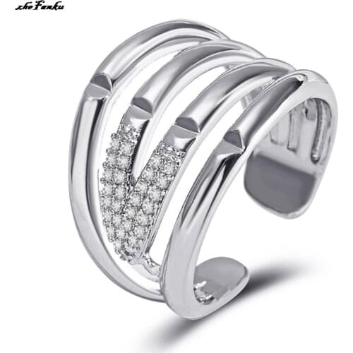 New Style Smooth Crystal Four-line Silver Color Ring Jewelry Temperament Multi-layer Geometric Opening Rings