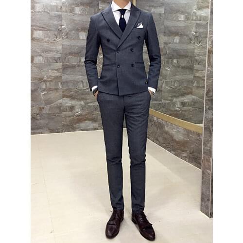 Jacket + Pants / Mens Luxury Brand Formal Casual Slim Formal Business Suit Male Blazer Groom Wedding Suits Set Gray and Black