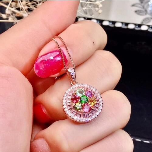 Natural Multicolor tourmaline necklace Pendant 925 silver natural gemstone Pendant cute round Sun flower girl party gift jewelry