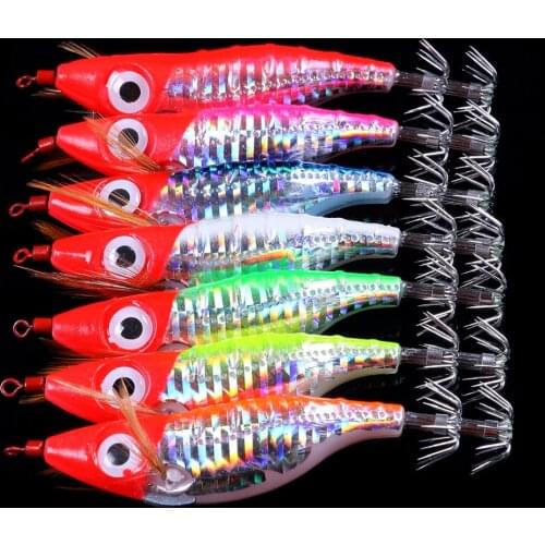 7PCS Luminous Squid Jig Wood Shrimp Fishing Lure 10cm 9g Squid Cuttlefish Jigs Lures Spinnerbait Wood Shrimp hook