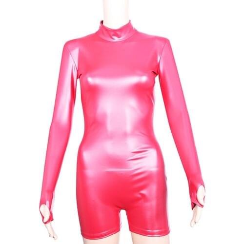 Role Play Long Sleeve Playsuits Turtleneck Oil Faux Latex PU Leather Bodysuit One Piece Sexy Pole Dance Clubwear Body Catsuit
