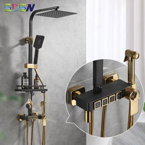 SDSN Thermostatic Shower Set Four Function Bathtub Mixer Tap Thermostatic Bathroom Faucet Black Gold Digital Shower Mixer Set