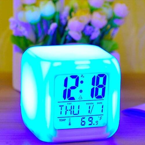 LED Alarm Colock 7 Colors Changing Digital Desk Gadget Digital Alarm Thermometer Night Glowing Cube led Clock Table Decor