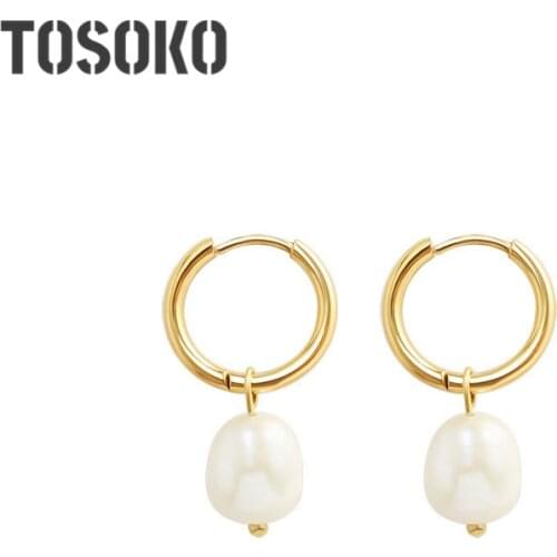 TOSOKO Stainless Steel Jewelry Freshwater Pearl Ring Autumn Winter Earrings Fashion Earrings Women BSF340