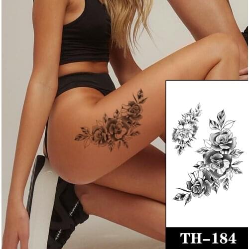 Waterproof Temporary Tattoo Sticker Black Realistic Rose Peony Flower Leaves Fake Tattoos Flash Tatoo Arm Body Art for Women Men