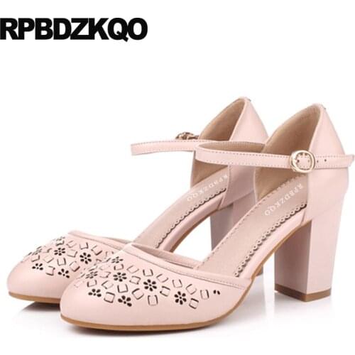 High Heels Ankle Strap Flower Women Sweet Lolita Shoes Sandals Round Toe Floral Genuine Leather Japanese Thick Pumps Hollow Out