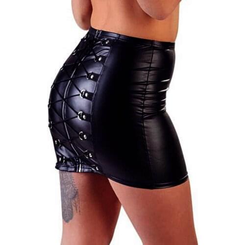 Fashion Black Woman Pencil Skirts Summer PU Leather Vinyl Skinny Lace Up Zipper Open Gothic Mini Skirts Womens 2020 Steampunk