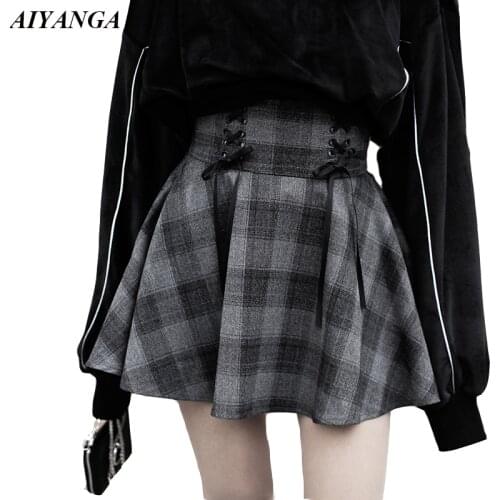Preppy Style Women Fashion Skirts Autumn Plaid Skirt Female High Waist Lace Up Mini Skirt For Girls A-Line Skirt Winter 2019