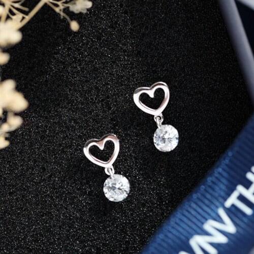 Female Cute Heart Small Earrings Real 925 Sterling Silver Stud Earrings For Women Vintage Fashion Crystal Stone Wedding Earrings