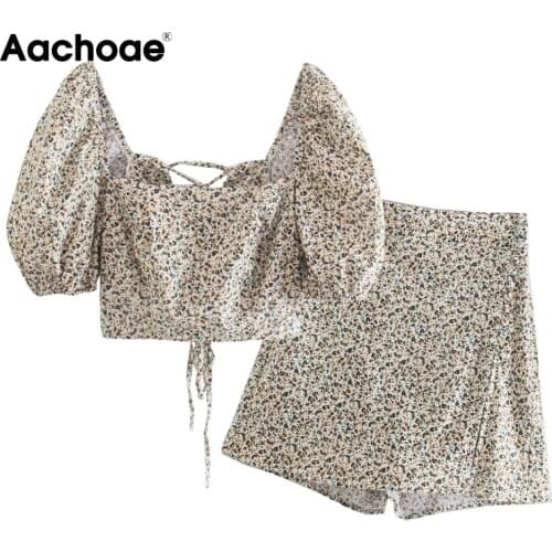 Aachoae Women Vintage Summer Printed 2 Piece Set Female Puff Sleeve Bow Tie Cropped Blouses And High Waist A Line Skirts Shorts