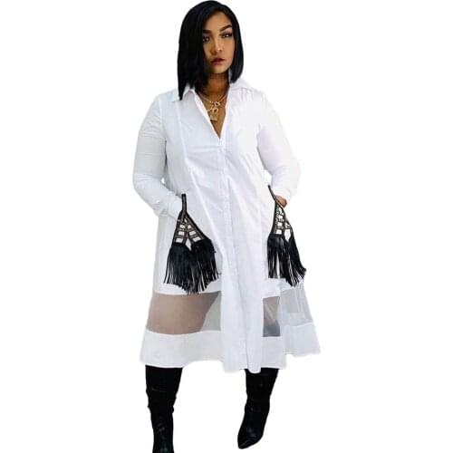 Mesh Patchwork Long Sleeve Shirt Dress Women Turn-Down Collar Buttons Loose Casual Dress Ladies Streetwear Oversized Midi Dress