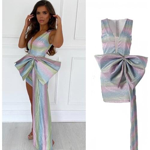 Shiny Bow Ribbon Sexy Dress Nightclub Mini Dress Sleeveless V Neck Tulle Colourful Rainbow Striped Kawaii Summer Women Party