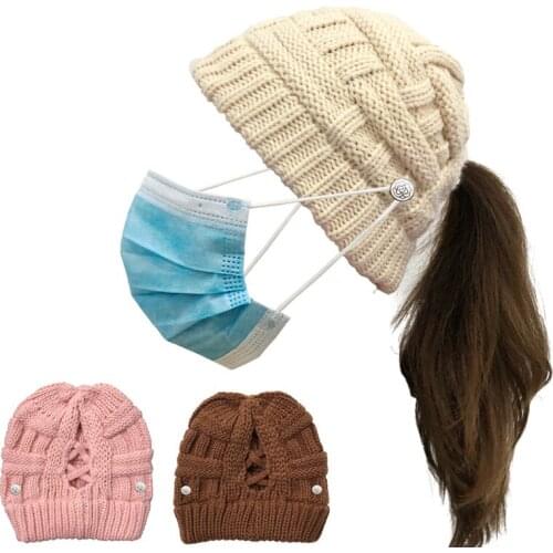 2022 Winter Warm Women Ladies Hats and Caps Adult Skullies Beanies Solid Elastic Knitted Outdoor Hat Cap With Hang Mask Buttons