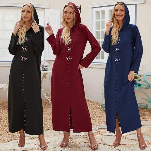 7019 Hooded Maxi Dresses For Woman Ramadan Abaya Dubai Evening Dress Muslim Diamonds Robe For Tall Moroccan Caftan European