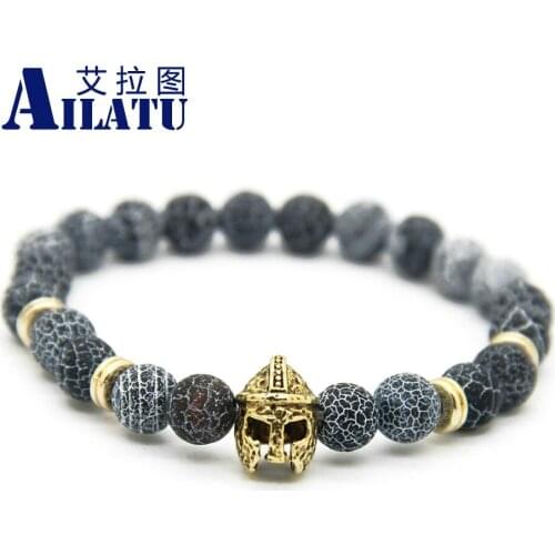 Ailatu Mens Elastic Bead Jewelry Natural Weathering Onyx Stone Antique Gold Color Plated Spartan Helmet Bracelet for Hero