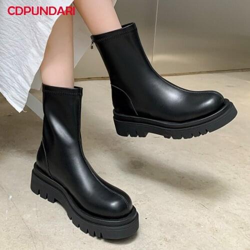 Women Zipper White Black Flat Platform Ankle Boots Chelsea Ladies Autumn Winter Chunky Short Boots Shoes Bottes Plateforme Femme