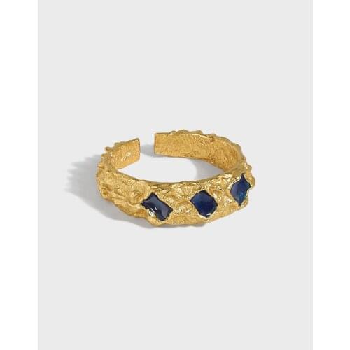 Gothic Authentic 925 Sterling Silver FINE Jewelry Blue sapphire Cube Irregular Texture Band Ring adjust TLJ1687