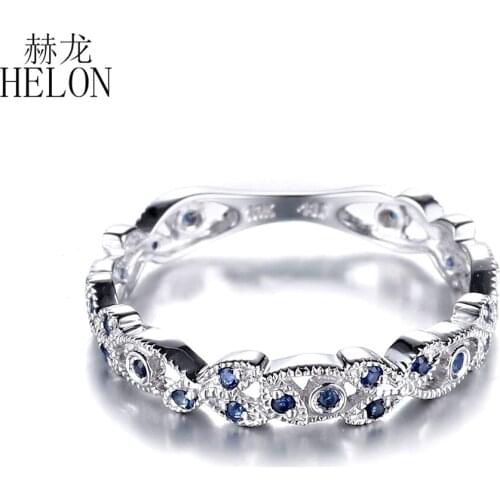 HELON Solid 14K White Gold Natural Sapphire Elegant Filigree Gemstone Engagement Wedding Ring For Women Trendy Fine Jewelry Gift