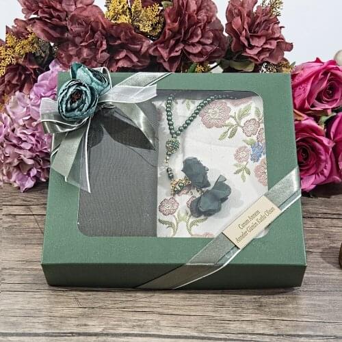 Islamic Gift Silk Nur Prayer Rug, Pearl Rosary Rose, Cotton Shawl Gift Set Green FREE SHİPPİNG