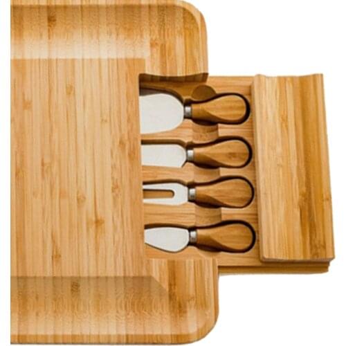 Square Bamboo Cheese Board Platter & Knife Set Slide-Out Drawer