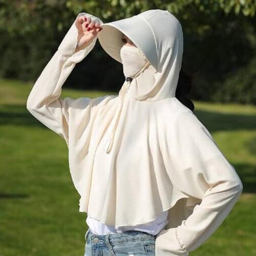 Summer Outdoors Riding Sun Protection Clothing Tees Tops Masked Hooded White Solid Color Korean Sunscreen Female Short Random