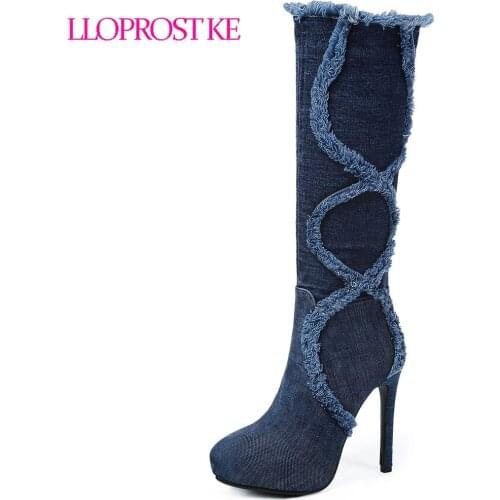 Lloprost ke New Black Blue Fashion Knee High Boots Female Denim Thin High Heel Motorcycle Boots Side Zipper Shoes Woman D323