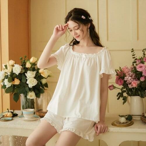 MeetLife Women Two piece Pajamas Sweet Cotton Pyjamas Short Sleeves Vintage Victorian Sleepwear Ruffles Summer Cute Square Colla