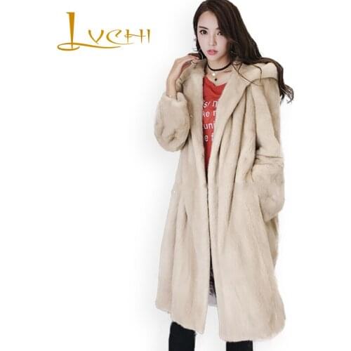 LVCHI Winter Natural Fur With Fur Hood Fur Womens X-Long Loss Mink Coat 2019 Imports Swan Velvet Mink Coat Real Mink Fur Coat