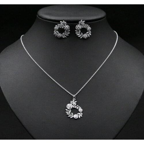 2020 New Arrival Cubic Zirconia tree leaf Flower Earrings and Pendant Necklace Fashion Ladies Jewelry Sets