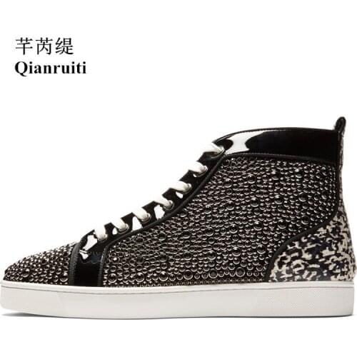Qianruiti Newest Men Shoes Outdoor Patchwork Rhinestone Vulcanized Shoes Lace-up Flat Men Camping Shoes Plus Size 39-47