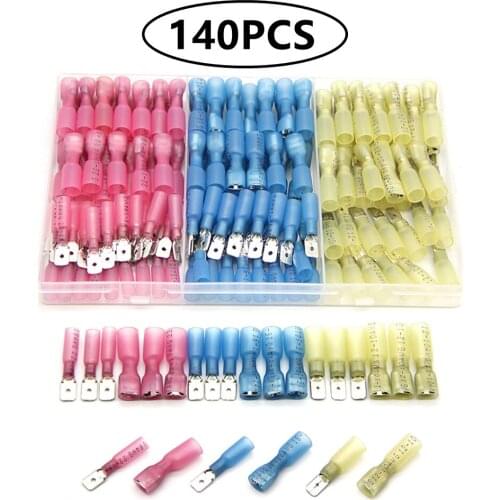140PCS Male/Female Spade Crimp Terminals Heat Shrink Crimp Terminal Connectors Insulated Cable Electrical Wire Connector
