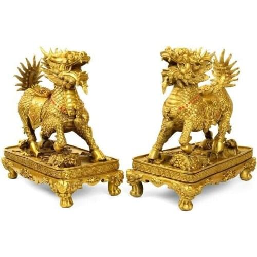 Pair 14'' brass home fengshui treasure fortune plutus beast dragon kylin statue