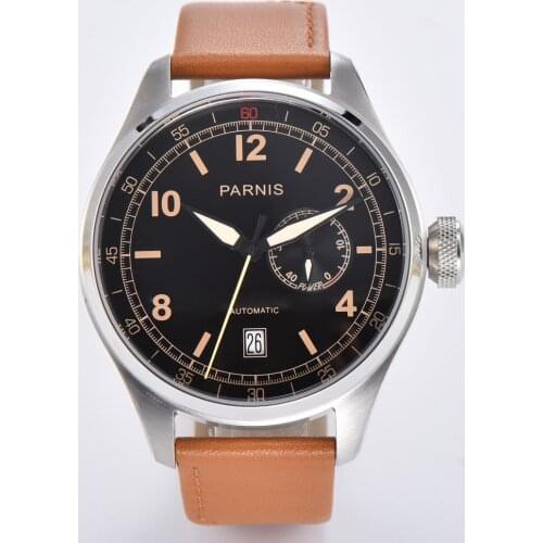 Parnis 48mm Watch Men Mechancial Classic Luminous Waterproof Date Window Leather Strap Mens Automatic Watch